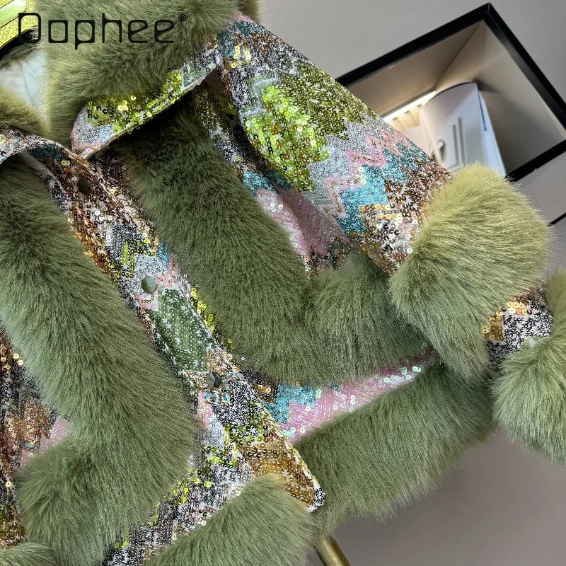 高級ファッションスパンコールエコフレンドリーファーコート女性用ヨーロッパ風新トレンド折り返し襟厚手暖かいミンクファーコート女性用