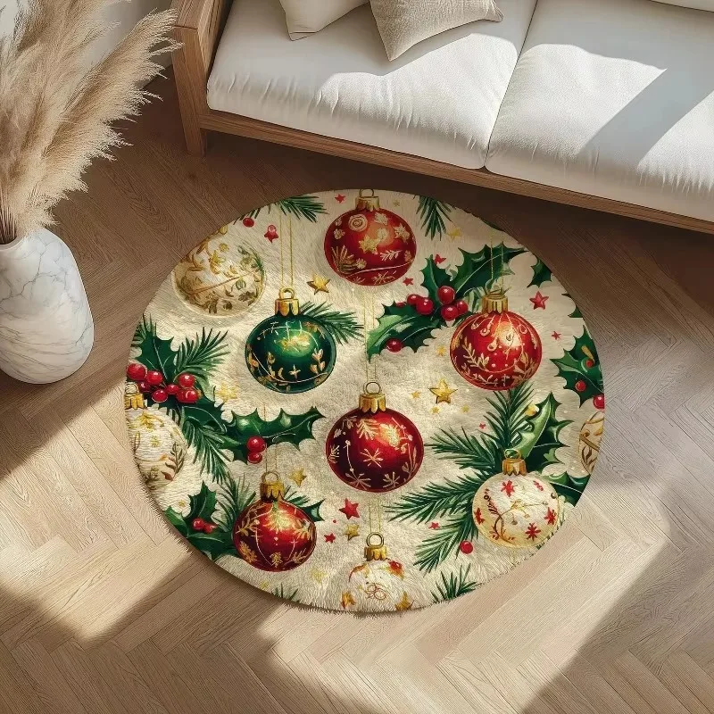 Christmas Round Area Rug Santa Sleigh Christmas Tree Gift Box Print Floor Mat Starry Background Xmas Holiday Decorative Carpet