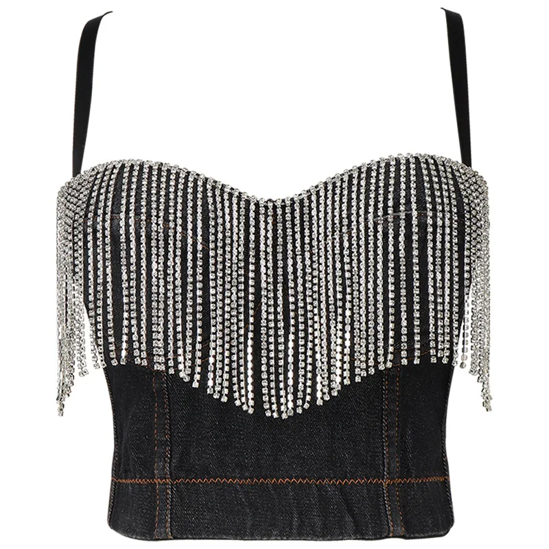 Short-sleeved denim strapless design niche tassel diamond suspender vest with chest pad trendy women DB1014