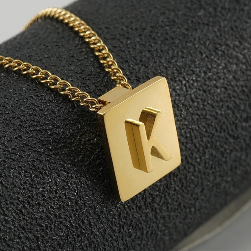 18K 3d nameplate necklace Waterproof Gold Color stainless steel square 26 Initial letter clavicle chain pendant for women men