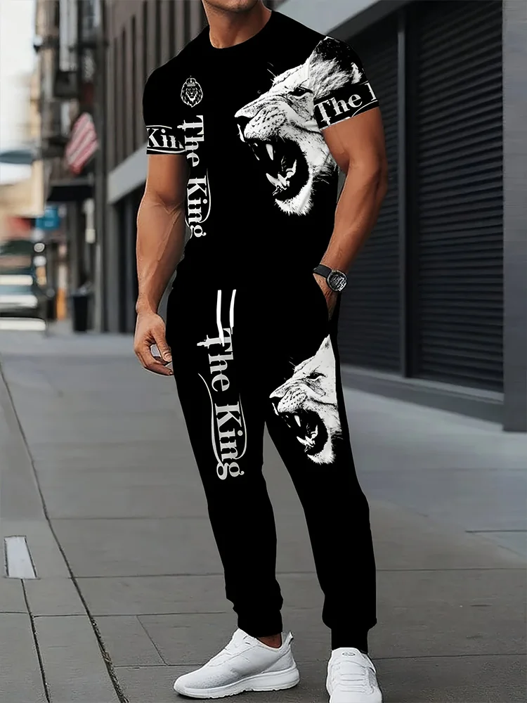

2025 New Casual And Fashionable Men's Trousers 2pcs Set, Featuring A Bold Lion 3D Printed Round-neck Top And Casual Trousers