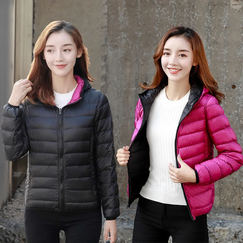 Lightweight Reversible White Duck Down Jacket Woman Short Hooded Down Coat Both Side Can Wear Puffer Jackets Women JK-073