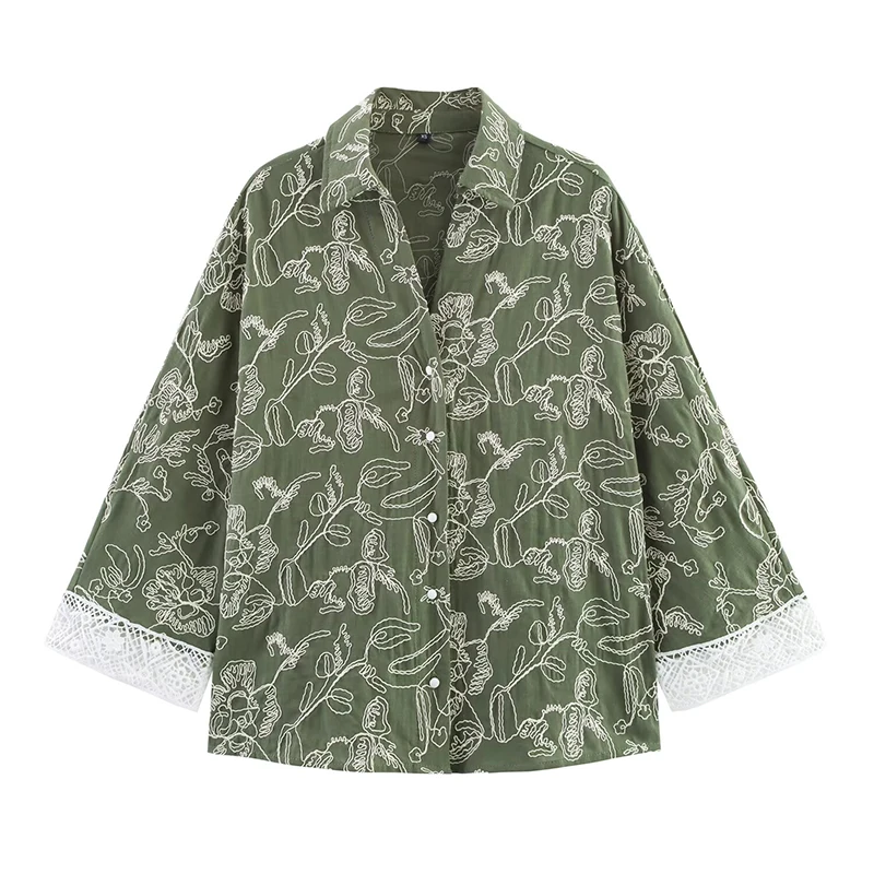 

YENKYE Guipure Patchwork Sleeve Embroidery Shirt Women Lapel Collar Front Button Casual Loose Blouse Streetwear Lady Shirts