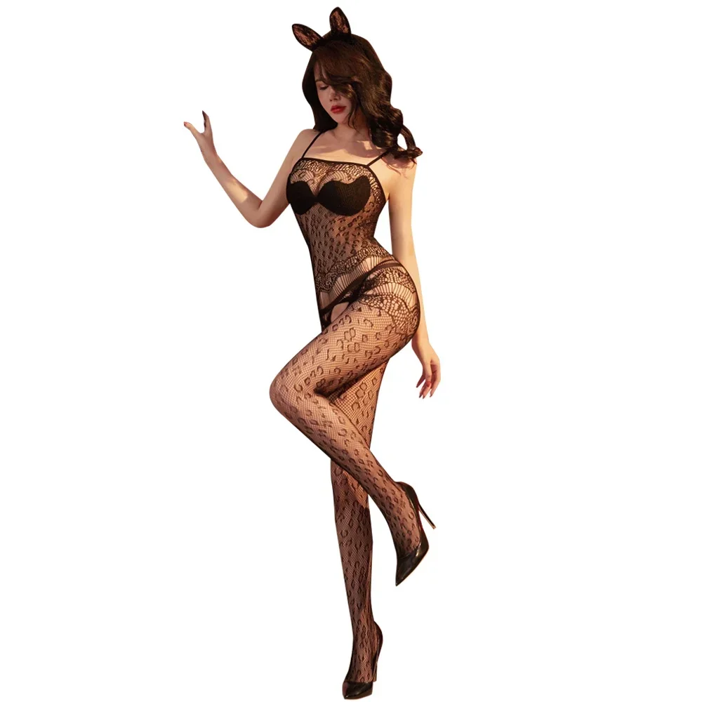 Sexy Lingerie Jacquard Fishnet Bodysuit Jumpsuit Hollow Out Teddies Body Stockings Crotchless Plus Size Pajamas Underwear Women