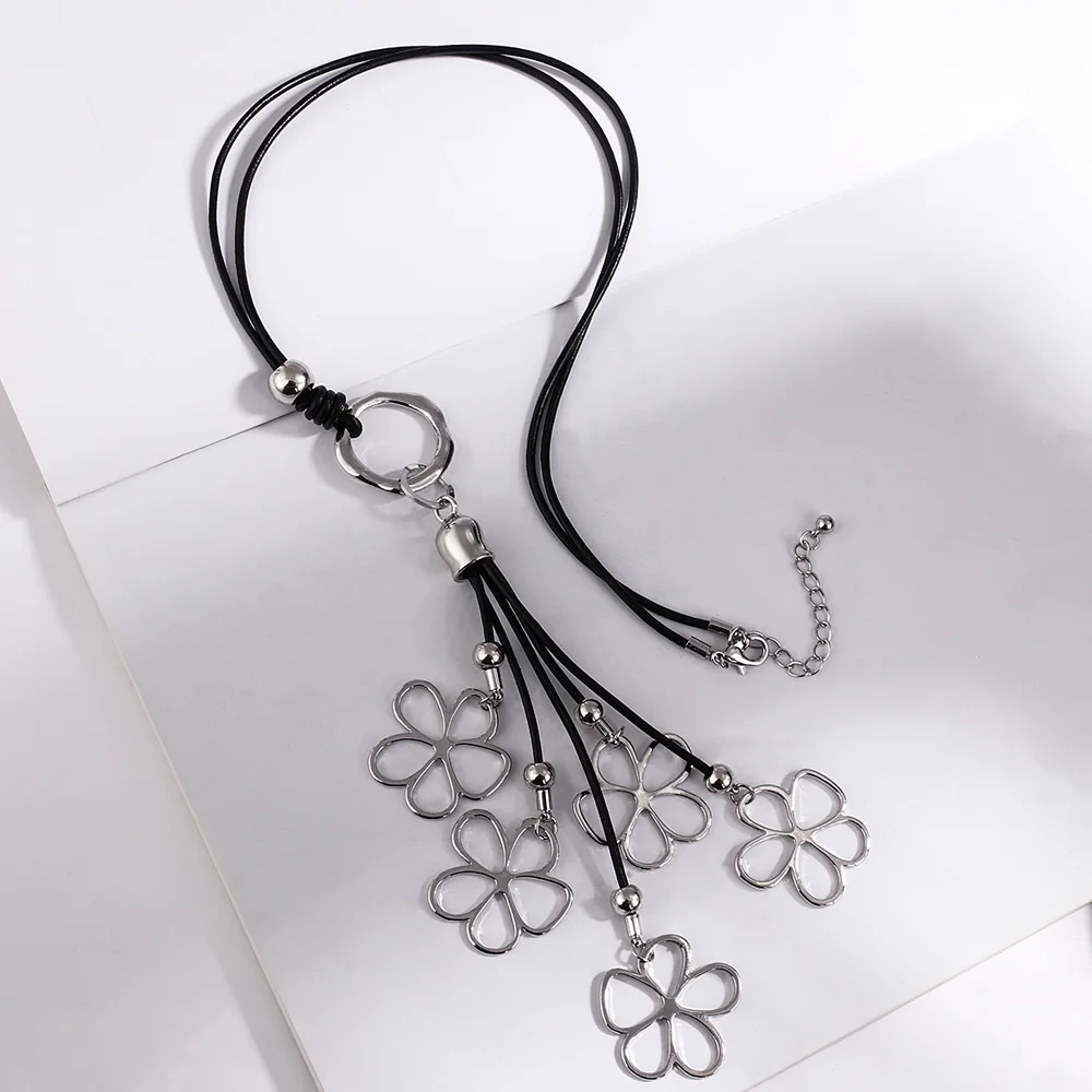 ALLYES Vintage Metal Flower Tassel Leather Necklace for Women Bohemian Black Rope Clavicle Chain Necklaces Charm Jewelry