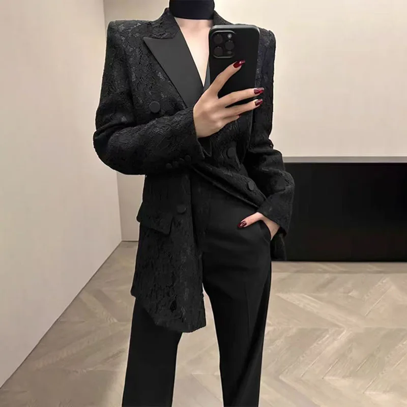 Notched Collar Lace Blazer Jacket Solid Slim Double Breasted Black Suit Coat Elegant Stylish Ladies Short Overcoats Fancy Luxury