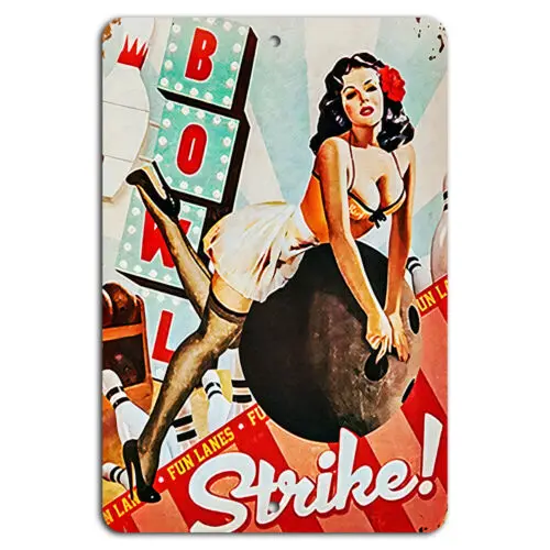 Pin-Up Girl Bowling Vintage Metallschild für Männerhöhle oder Spielzimmer – Aluminium