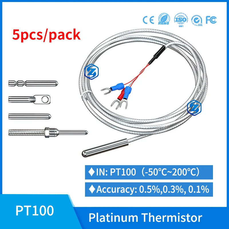 

5pcs/pack PT100 Sensor Probe RTD Temperature Sensor -50-200 Celsuis Silver-plated Thermal Resistance Temperature Transmitter