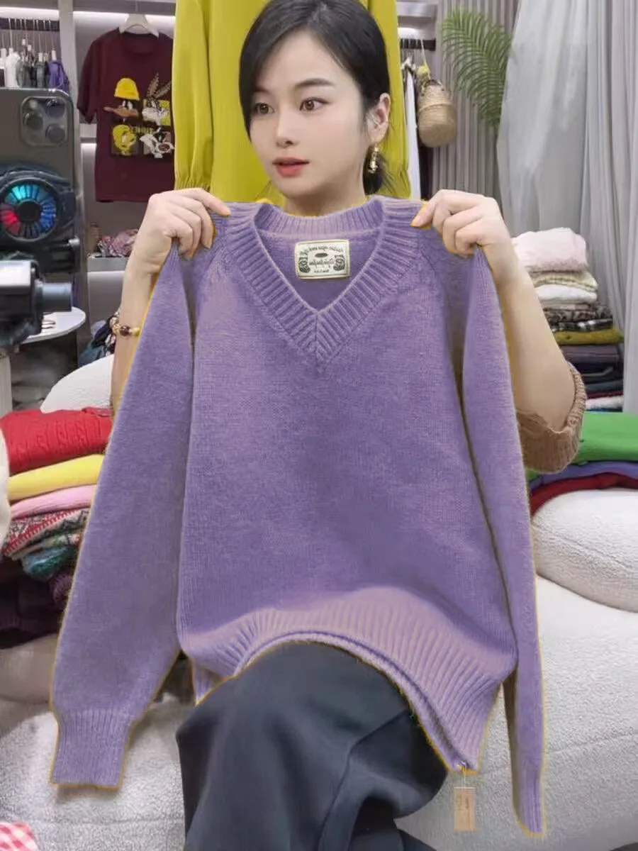 Pull tricoté doux et confortable pour femme, couche de Base Orange v-ne, coupe ample, chaud, automne hiver, Faion, haut Long Sve