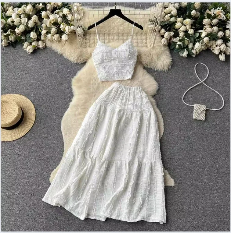 Elegant and Charming 2024 Two Piece Dress Set for Women with Flared Skirt and Solid Color  Top