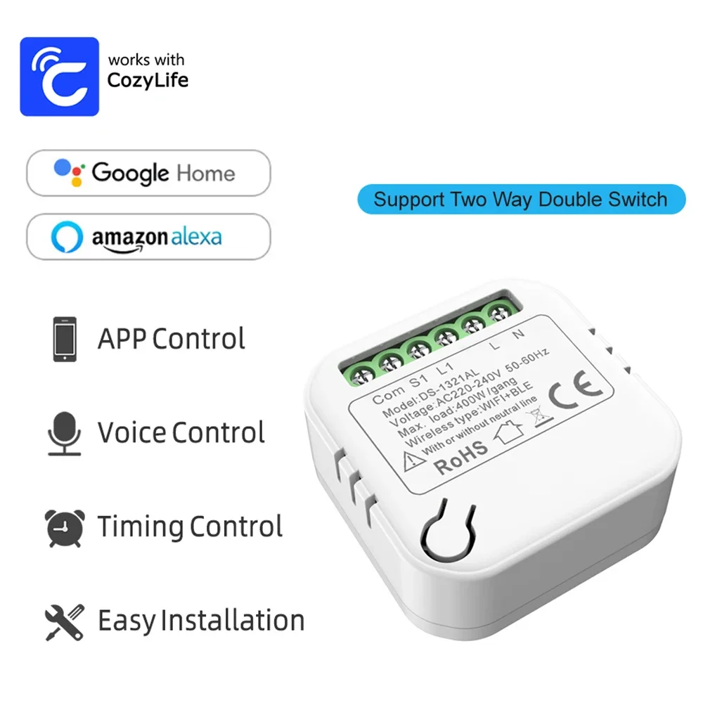 Cozylife WiFi Mini Smart Switch No Neutral Wire 400W DIY 2-Way Control Smart Switches Breaker Module Work With Alexa Google Home