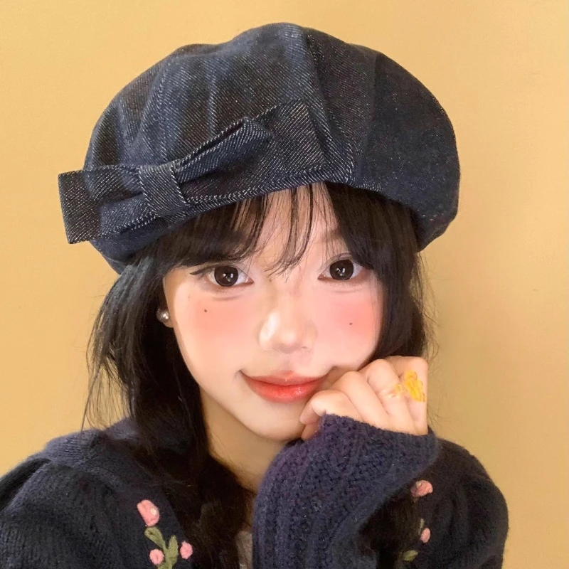 

Sweet Bow Design Denim Berets Y2K Spring and Autumn Street Casual Versatile Show Face Small Literary and Elegant Women's Hats