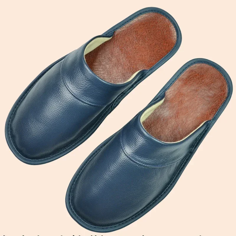 Cow Leather Slippers Unisex Big Sizes Linen Home Male Indoor House for Men's Slippers Women Man Slipper Luxury Soft Flat Shoes