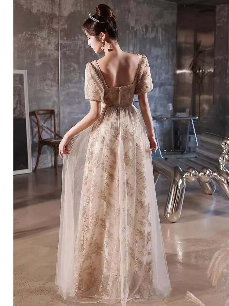 Affascinanti abiti da sera champagne da sposa slim a-line maniche corte moda colletto quadrato lunghi abiti da ballo per banchetti abiti