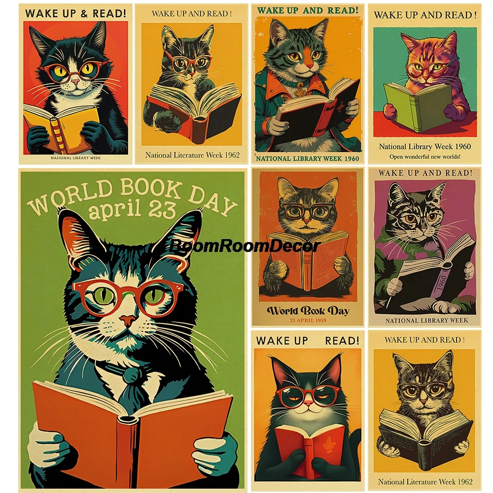 

Reading About Cats Posters Nostalgia Harajuku Kraft Paper Skateboard Canvas Art Picture Aesthetic Coffee Modern Bedroom Posters