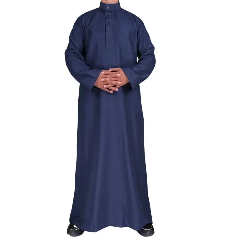 Moda musulmana de Oriente Medio para hombres, manga larga, cuello redondo árabe, Color sólido islámico, caftán Maxi, Dubái, Jubba larga, Thobe Abaya