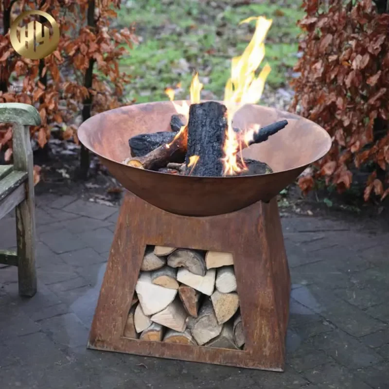 Outdoor Heating Corten Steel Round Fire Pit with Rusty Finish Heat-Resistant 2mm Thick Firewood Storage Wood Burning Hao Yang view 3