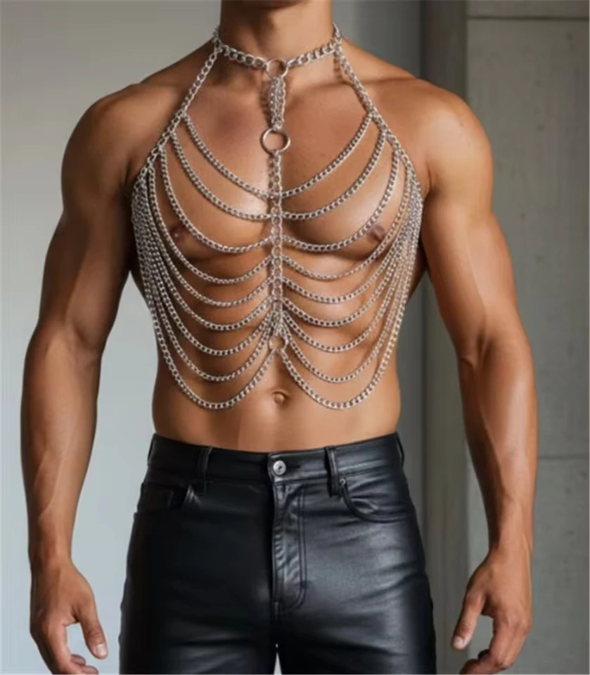 European And American New Sexy Men's Metal Multi-Layer Body Chain Nightclub Performance Geometric Stripe Chest Chain