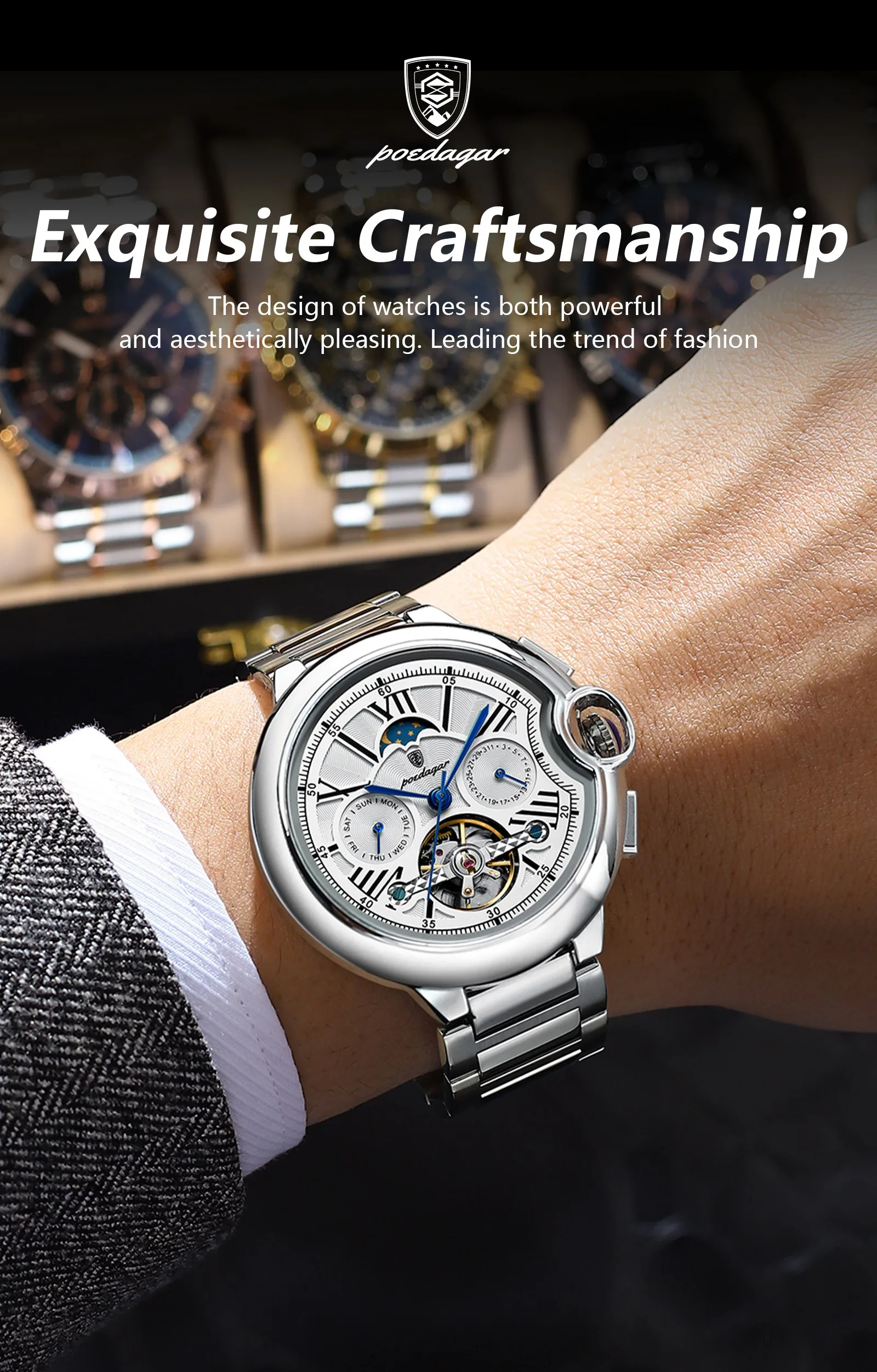 POEDAGAR Luxus Business Männliche Uhr Datum Woche Edelstahl Tourbillon Männer Uhr Wasserdichte Automatische Mechanische herren Uhren – Detail 2
