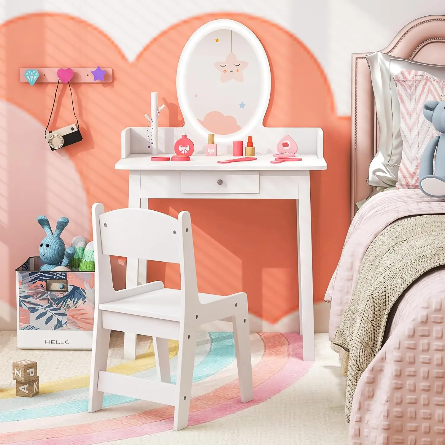 2 in 1 Princess Dressing Table and Chair Set with Lighted Mirror & Storage Drawer, Wooden Toddler Make Up Desk Set