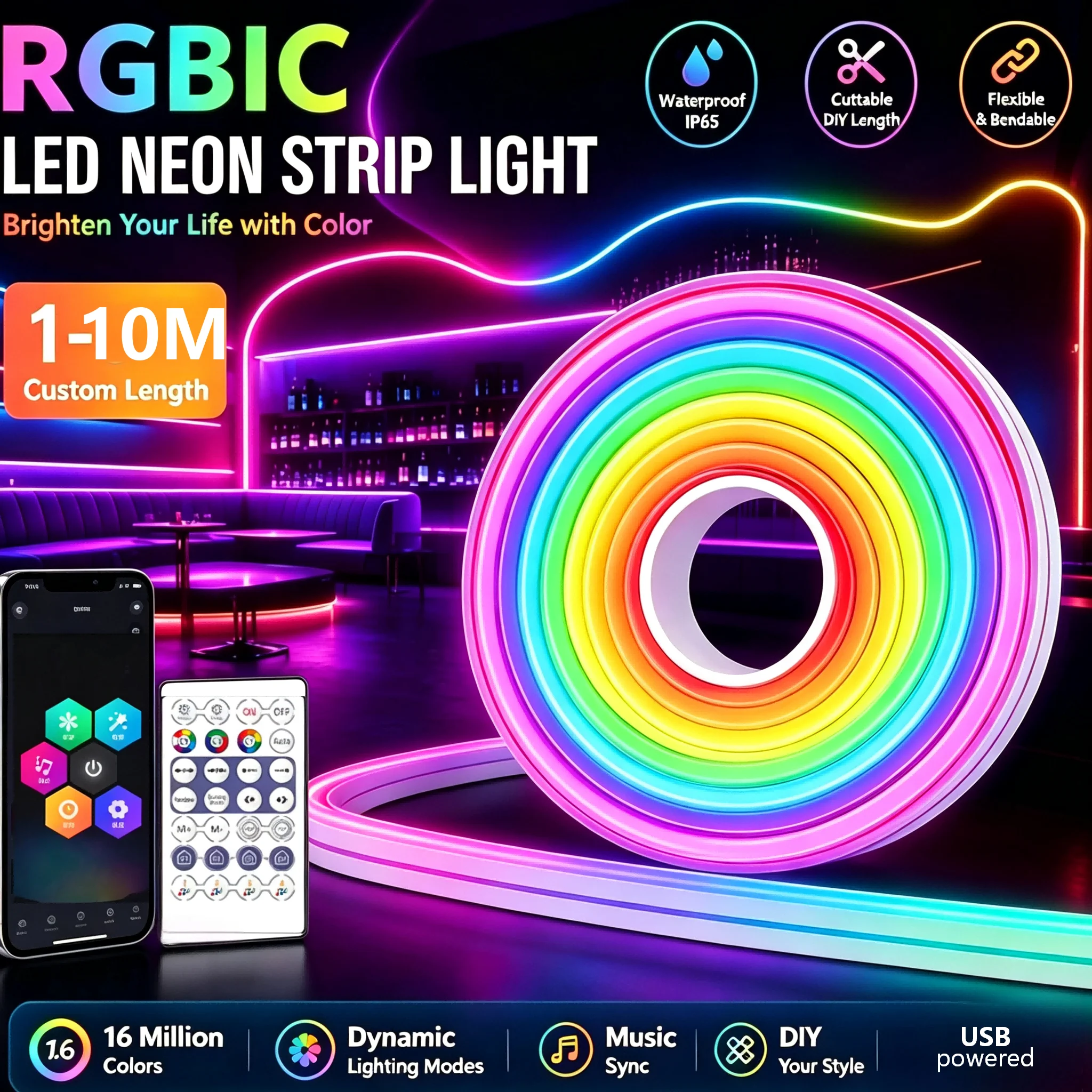 Rgbic Neon Light Strip Bluetooth Neon Light Led Strip Smart 1m 2m 3m 5m 10m Waterproof Rgbic Flexible Light Strip Led Strip Music Sync, Multi-Color Running Light Modes, Suitable for House, Gaming, Party Atmosphere