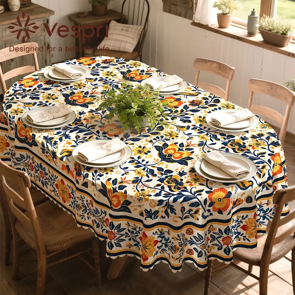 National tablecloth, with yellow and blue decorations, green leaves, flowers and patterns. Country style, home decoration yzb