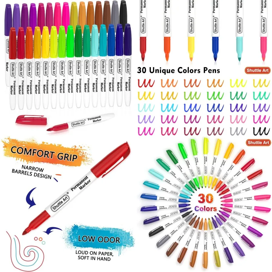 

Shuttle Art 30 Colors Permanent Markers Fine Point Assorted Colors Ideal for and Adults Coloring Doodling and Labeling on Plast
