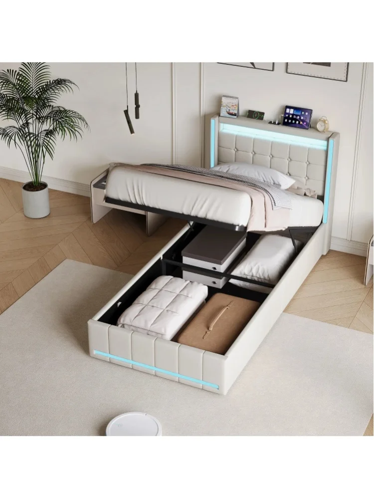 Superaly 90×200 cm Hydraulisches Bett mit Stauraum, Stauraumbett mit zwei Schubladen, Polsterbett, Einzelbett mit Lattenrost und Stauraum, Einzelbett mit Stauraumfach, Kopfteil, Jugendbett,