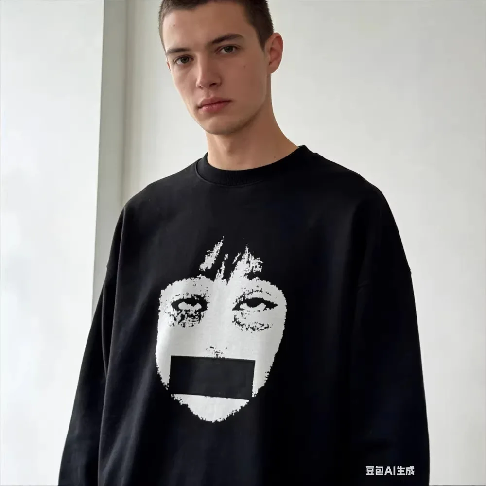 Grunge Silent Face Print Long Sleeve T-Shirt | Black Oversized Cotton Streetwear Tee Dark Punk American Streetwear Unisex E-girl