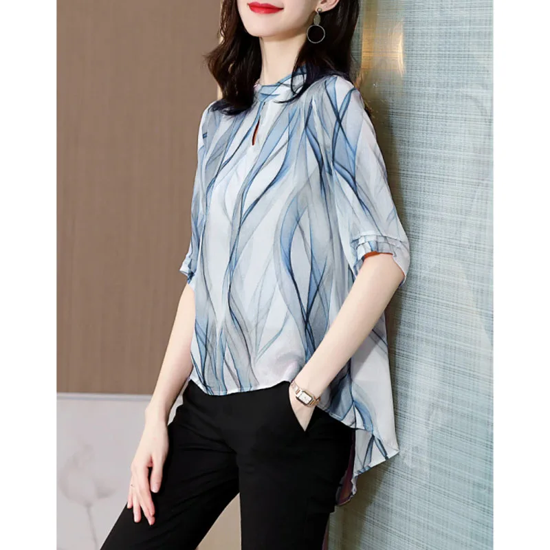 Summer New Women\'s Flowing Print Style Standing Collar Casual Elegant Versatile Commuter Loose Half Sleeve Silk Shirts Tops