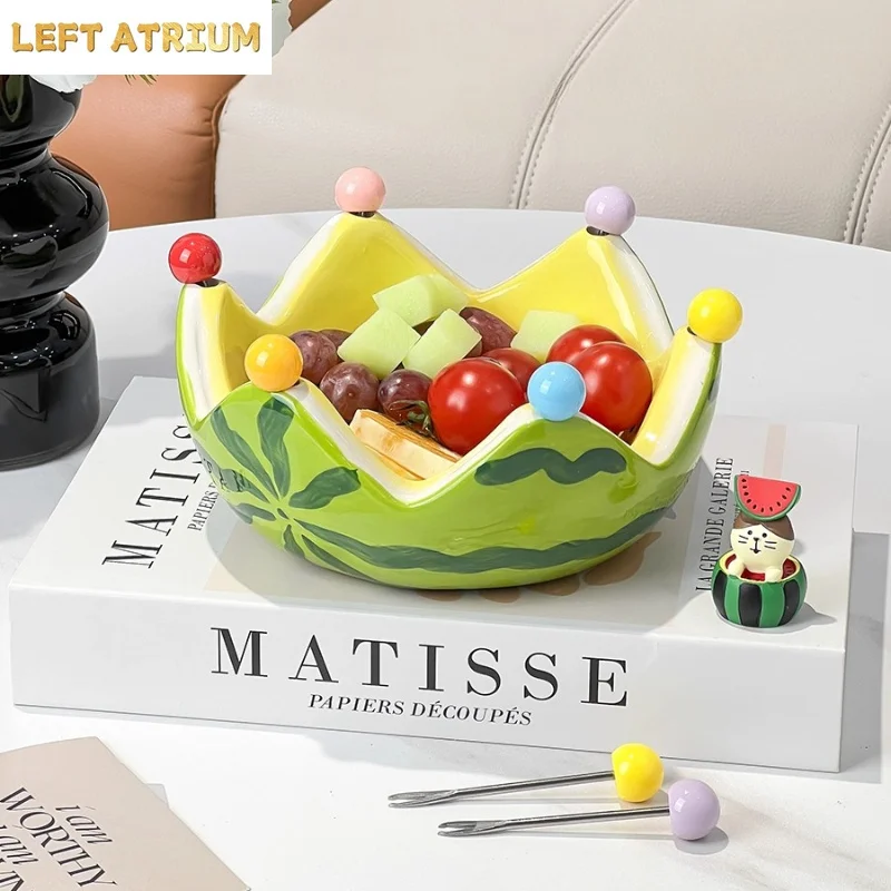 Watermelon Fruit Plate Ceramic Bowl Storage Jar Fruit Fork Set Salad Bowl Dessert Plate Toothpick Holder Tissue Box Snack Plates