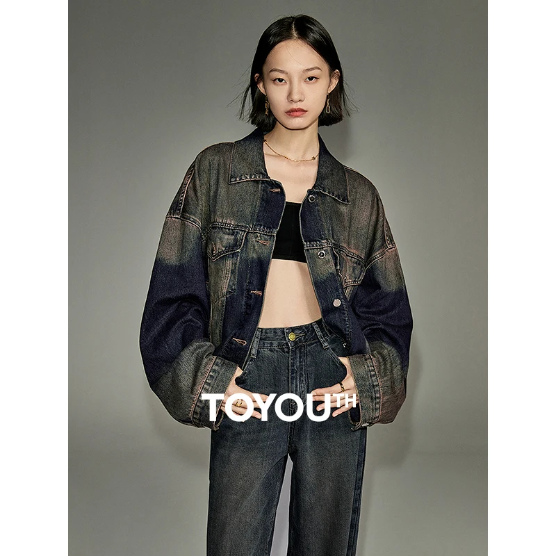 

Toyouth Women Denim Jacket 2023 Winter Long Sleeves Polo Neck Loose Coat Maillard Style Retro Fashion Versatile Outwear Tops