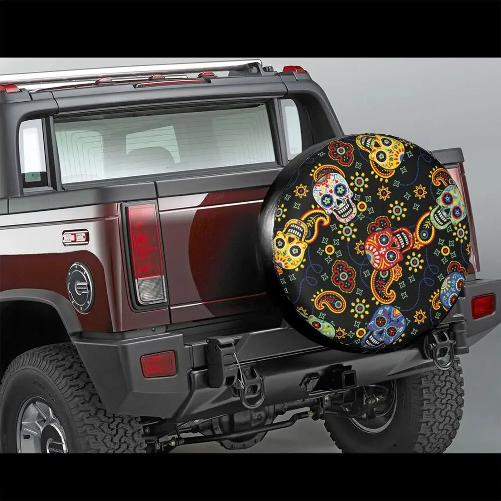 Sugar Skull Print Spare Tire Cover Weatherproof Wheel Protectors Universal Fit for Trailer Rv SUV Truck 14 15 16 17 Inch