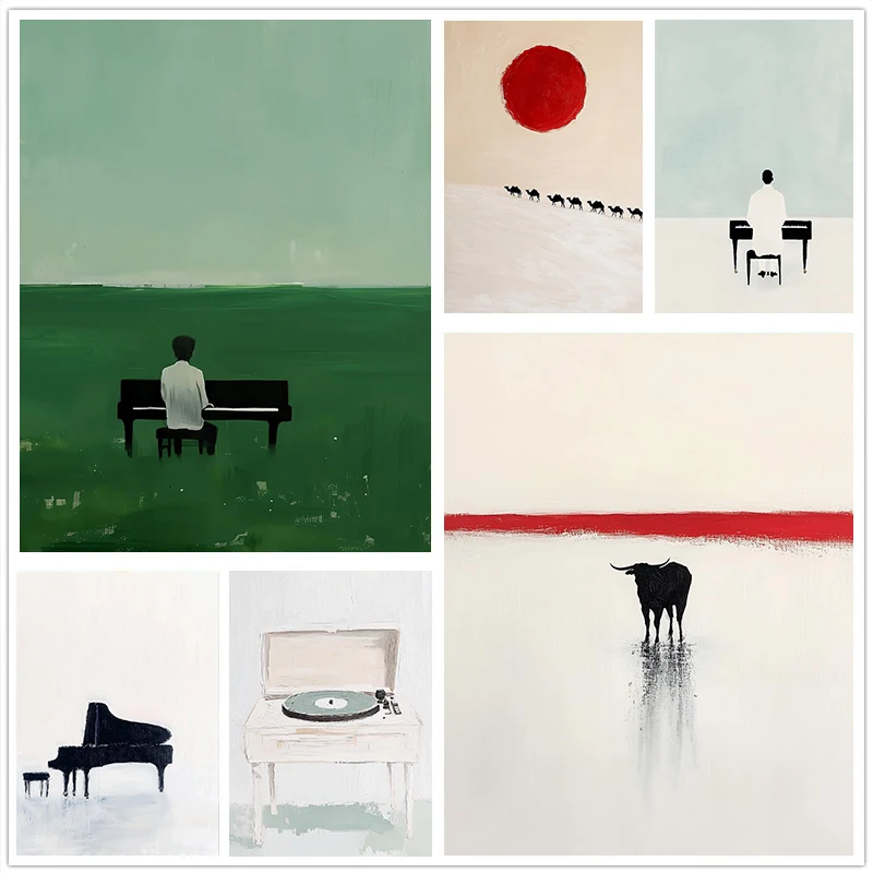 Modern Minimalist Piano Music Bull Sun Camel Oil Painting Texture Fresh Prints Canvas Painting Wall Art Pictures Home Room De