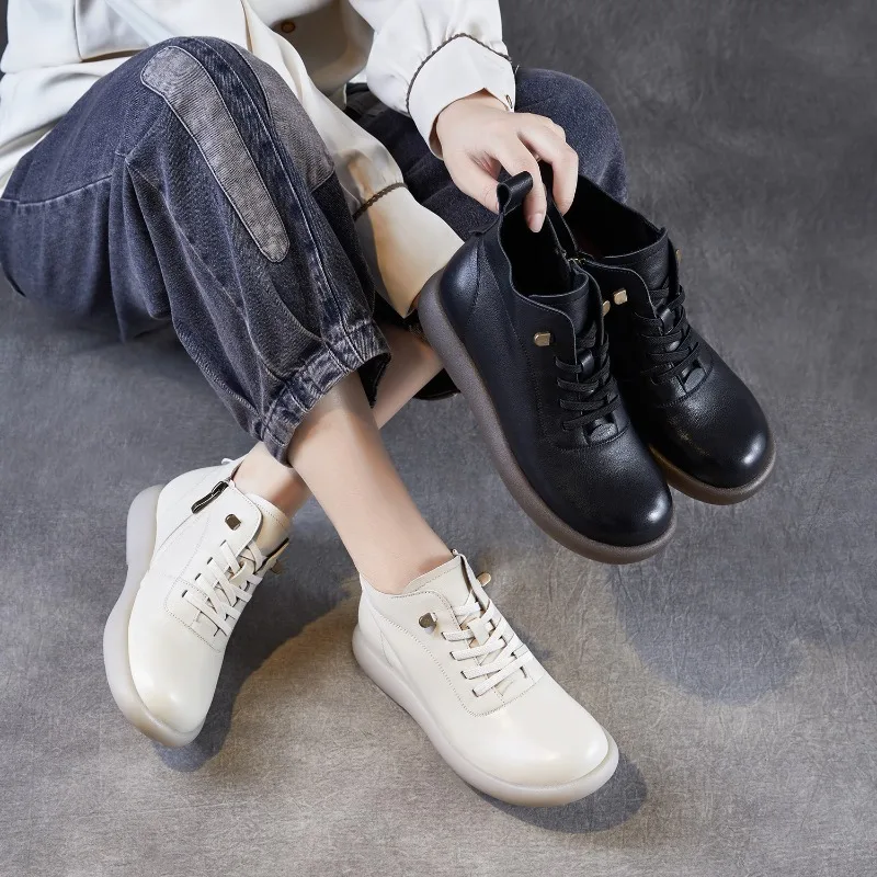 

Women's Autumn Winter New Leather Ankle Boots Soft Sole Non Slip Waterproof Low Heel Zippers Loose Comfortable Casual Shoes