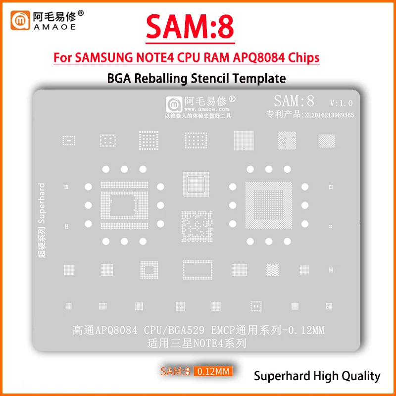 

Amaoe SAM8 BGA Reballing Stencil For Samsung Note4 NOTE 4 APQ8084 CPU BGA259 EMCP RAM Power Wifi IC Chip Steel Mesh