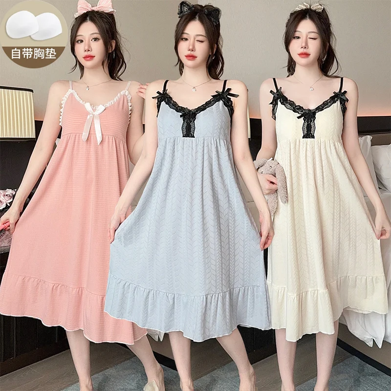 2024 Summer Sexy Lingerie Spaghetti Strap Cotton Nightgowns for Women Cute Lace Bow Sleepwear Night Dress Nightdress Home Nighty