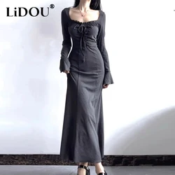 Spring Autumn Sexy Fashion Square Collar Lace Up Mermaid Dress Female Long Sleeve Slim Casual Robe Femme Solid Color Vestidos