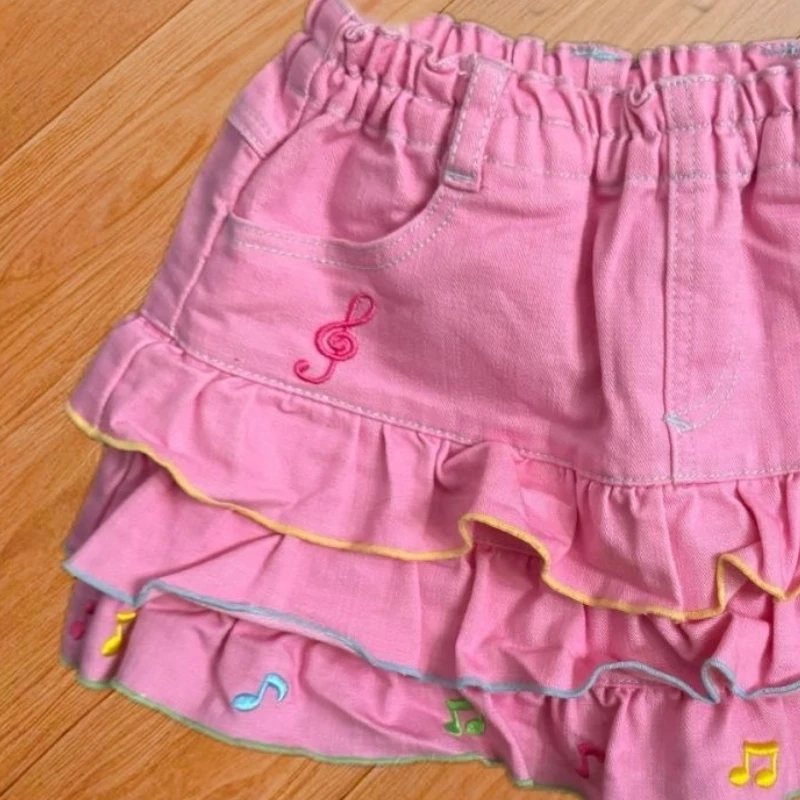 الوردي Kawaii لوليتا نمط مطوي التنانير اليابانية أزياء المرأة الحلو الكرتون الأرنب التطريز كعكة التنانير الصغيرة Y2k Faldas Mujer