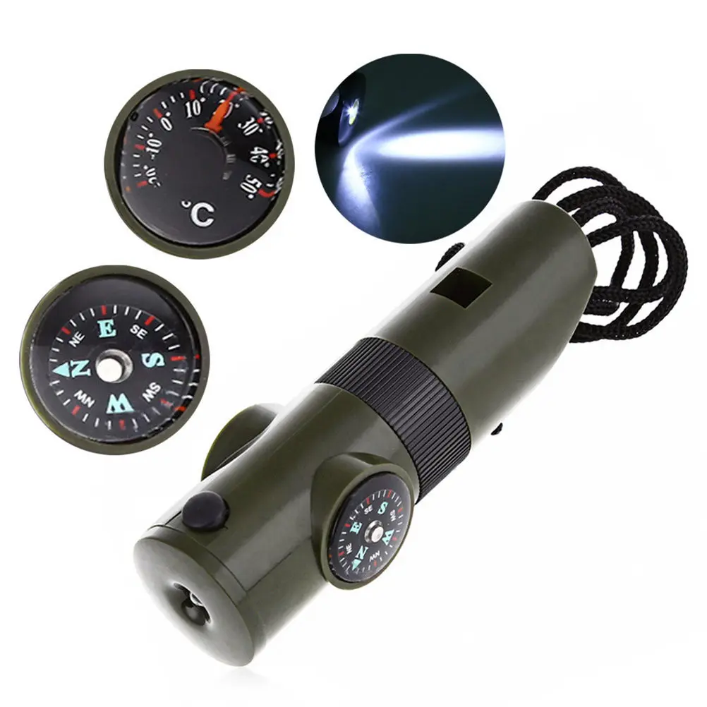 7-in-1 Multifunction Survival Outdoor Expedition Camping Tool Kit Compass Thermometer Magnifier Signal Mirror LED Light Whistle