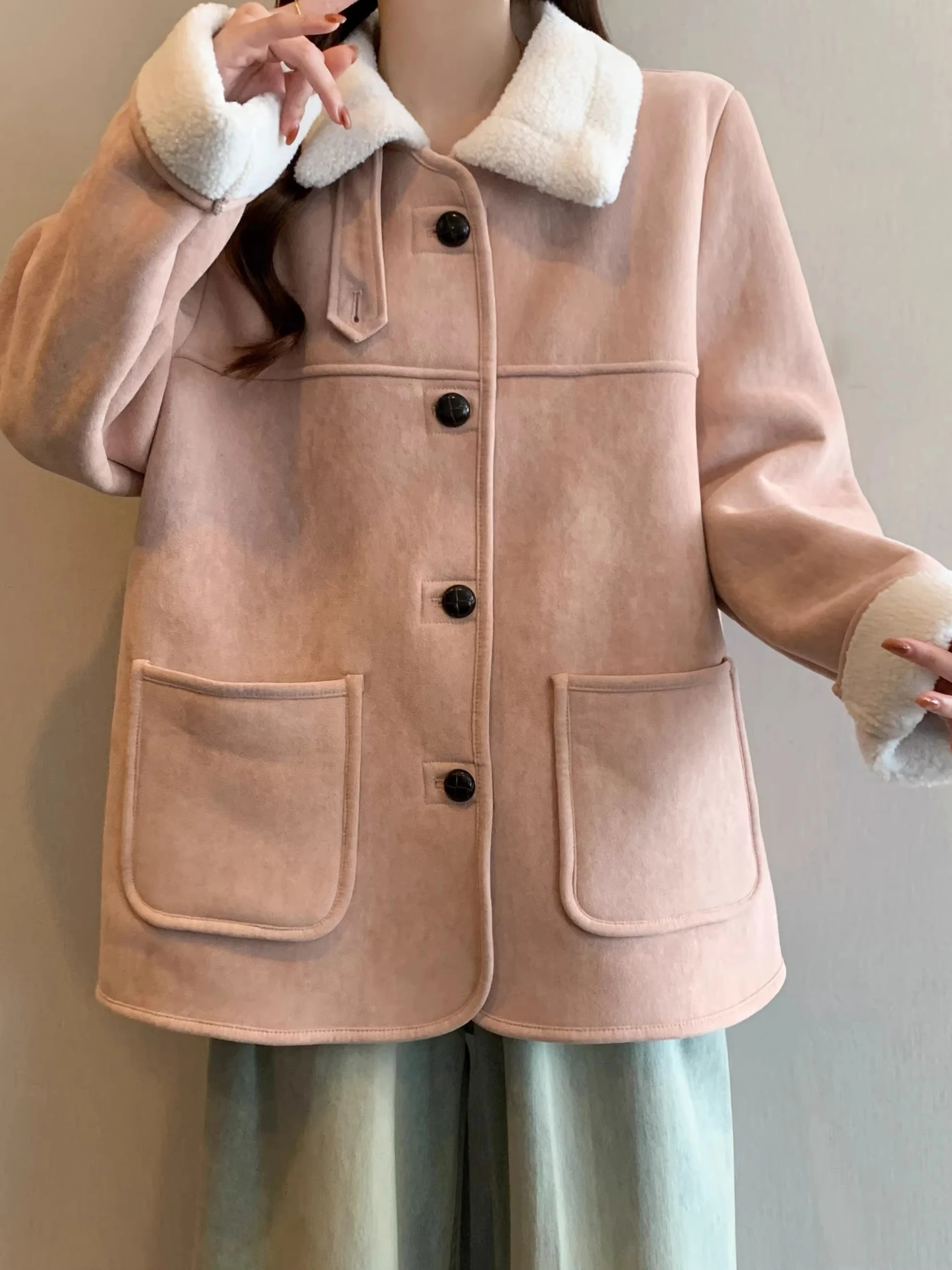 Pink Lamb Velvet Collar Shoulder Length Woolen Coat Women's Winter New Large Size Fat MM Medium Length Fur Integrated