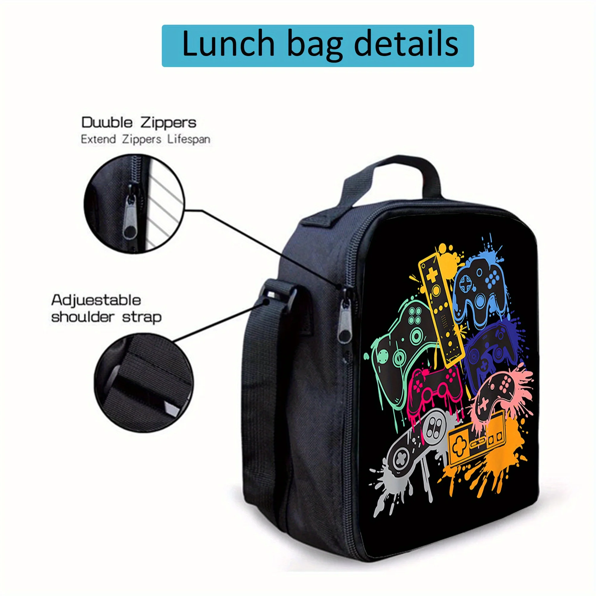 Graffiti Gamepad Pattern Lunch Bag FashionThermal Insulation Large-capacity Outdoor Picnic Bag Practical Back-to-school Gift