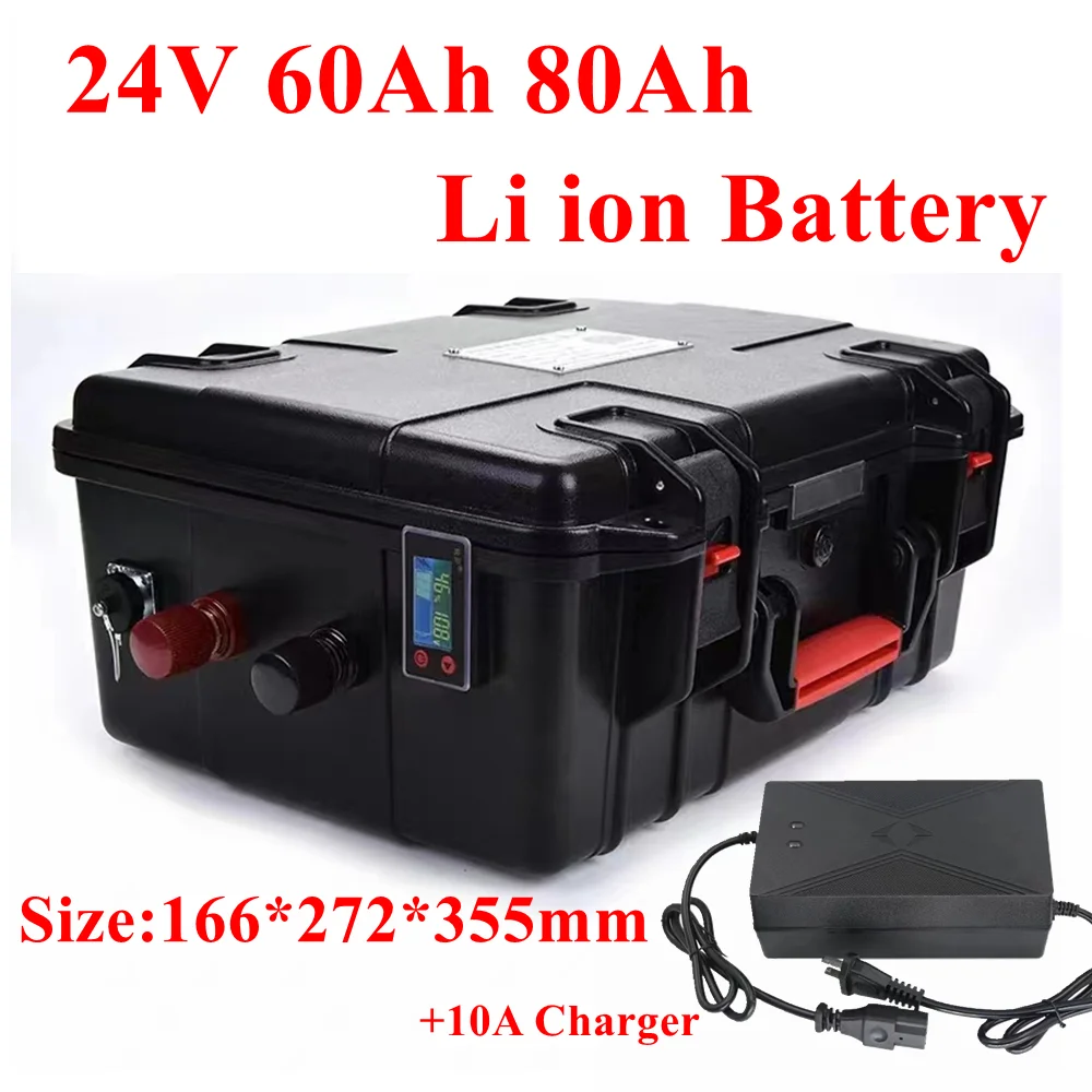 

Strong power 24V 60Ah 80Ah lithium battery pack 3.7v li ion cell with power BMS for 3600w camping Night fishing +10A charger