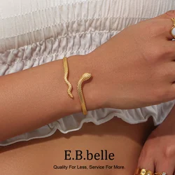 E.B.belle New Stainless Steel Real Gold Plated Plaid Texture Adjustable Snake Gold Bangle For Woman Cuff Bracelets For Women