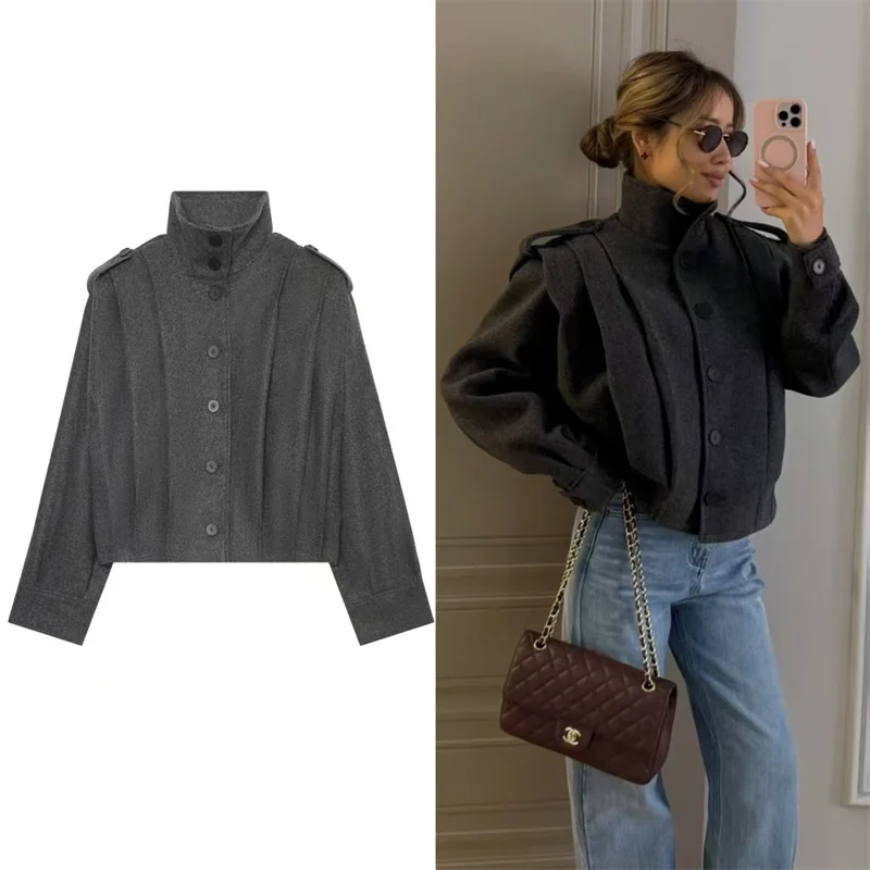 Guobioziy 2026 Fall New Arrival Women's Jacket Dark Gray Long-Sleeve Pleated Loose Jacket Parka Personality Fashion