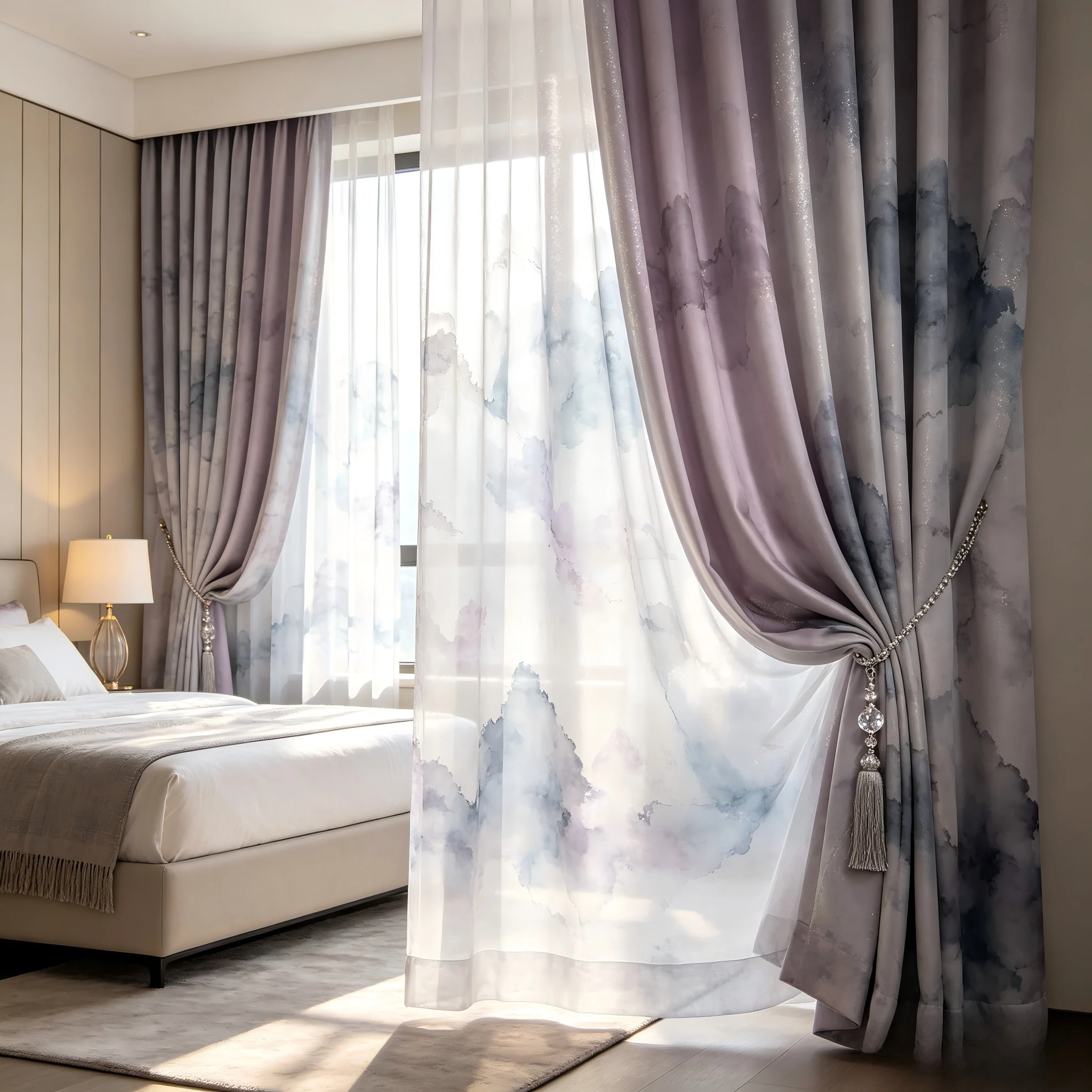 200387   Mist purple silver gray watercolor gauze curtain curtain