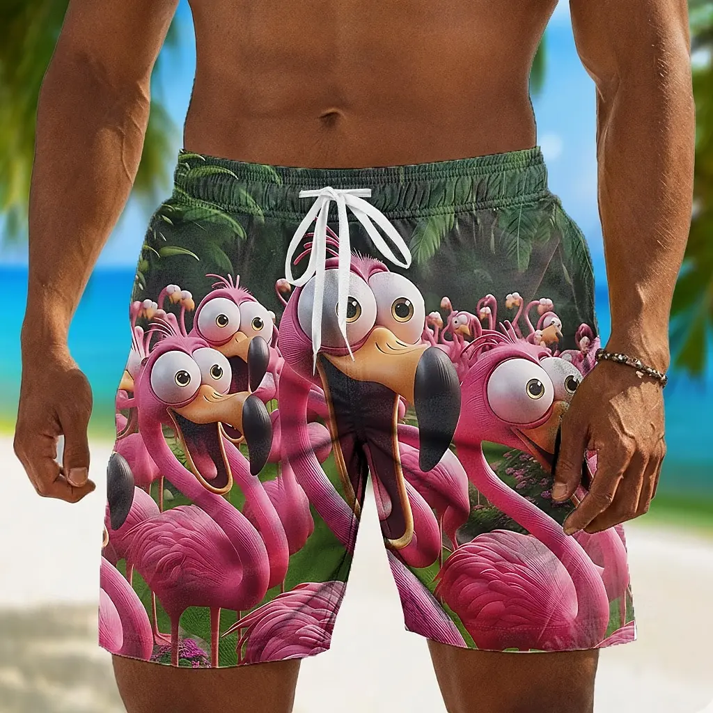 Men's Flamingo Coconut Print Drawstring Waist Shorts, Hawaiian Style For Spring Summer Beach Vacation Daily Casual Outfit