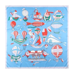 Manual Hand Rolled Twill Silk Scarf Women Fly Boat Print Square Scarves Wraps Echarpes Curled Foulards Femme Bandana Hijab 90CM