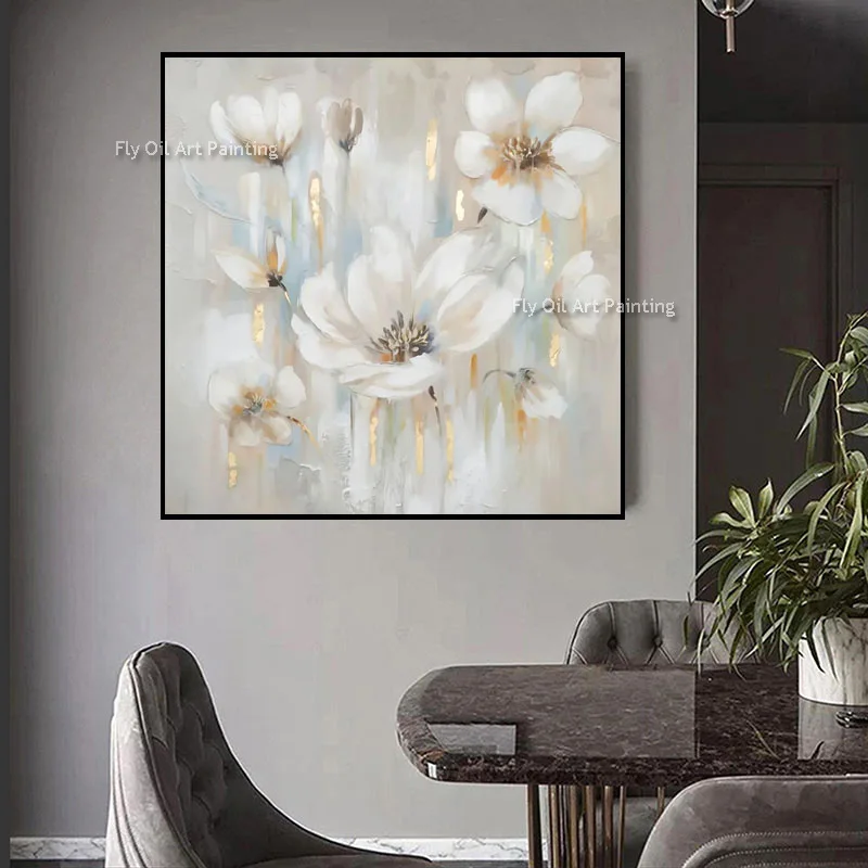 Handmade Canvas Wall Art Elegant White Bloom Textured Oil Painting Gold Foil Muted Tone Large Wall Decor For Home Interior