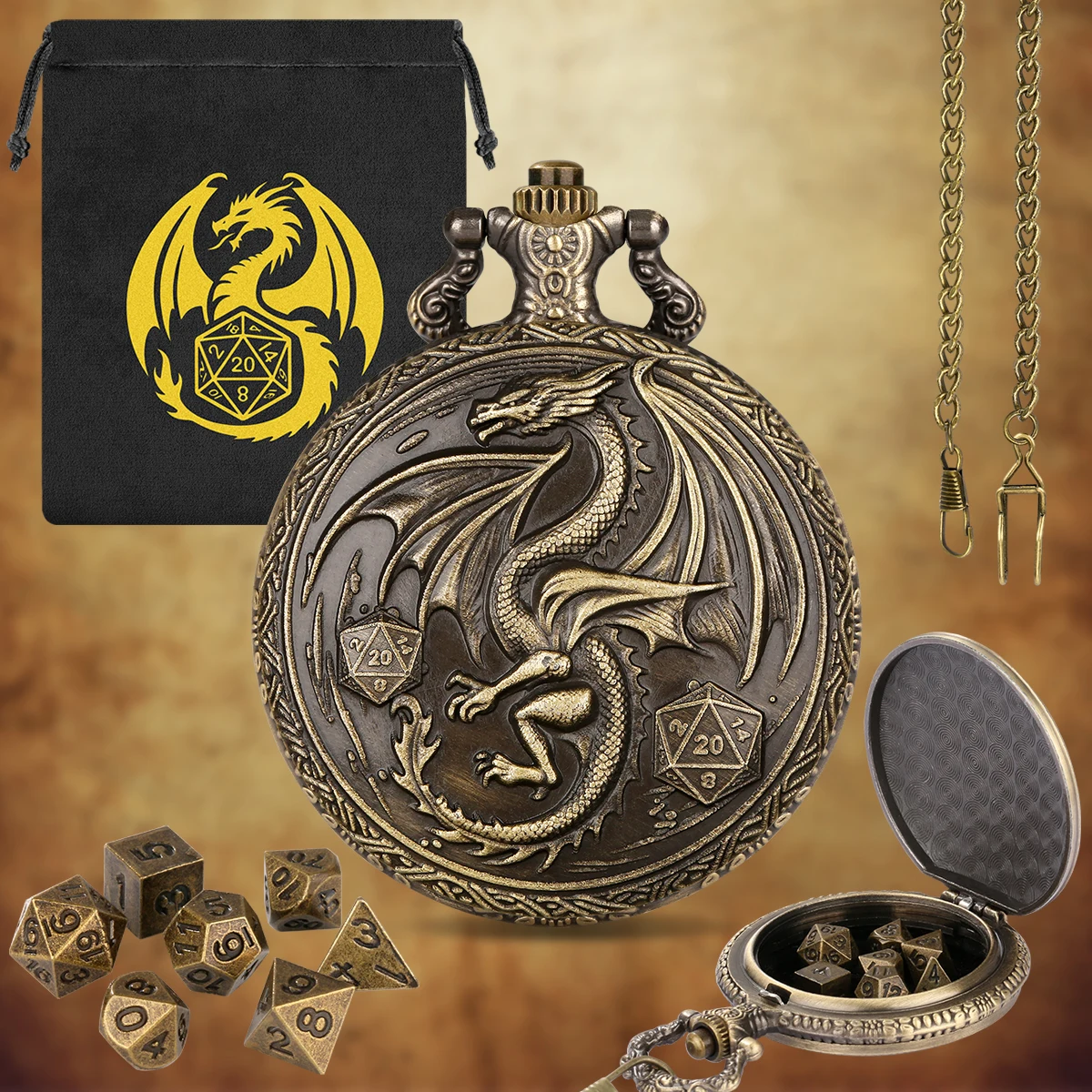 

Оптовый набор из 5 металлических кубиков D20 в виде бронзовых/серо-черных драконов, в корпусе под карманные часы, с цепочкой-брелоком, подарок для вечеринок и ролевых игр